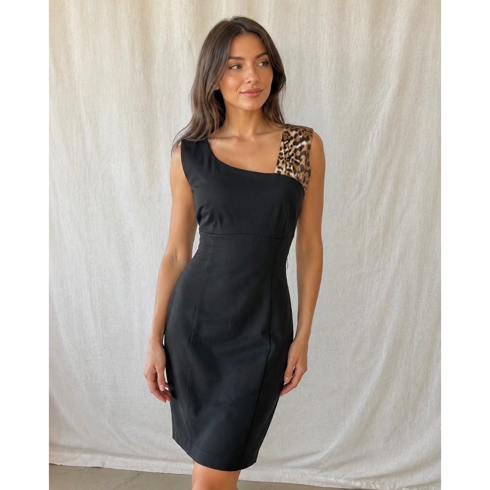Cache Rayon Leopard Accent Black Sheath Dress Womens Size 6 Cocktail Minimalist